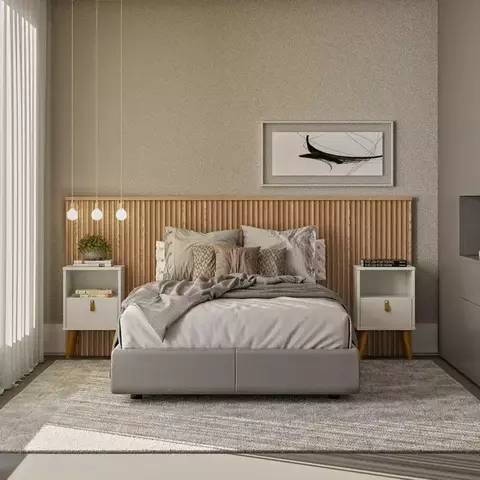 Kit Cabeceira Casal Queen Ripada 240cm com 2 Mesas de Apoio 1 Gaveta 1 Nicho Pés Palito Freijó