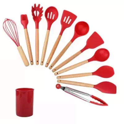 Jogo Kit Com 12 Peças Utensílios De Cozinha Colheres Espatulas Pegador Silicone Copo Suporte - comprar online