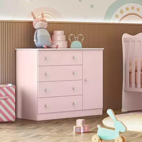 Cômoda Infantil 1 Porta 4 Gavetas Doce Sonho Rosa Acetinado - comprar online