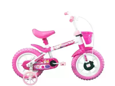 Bicicleta Aro 12 Infantil Track Bikes Arco Iris W Branco e Fucsia com Rodinhas e Cesta