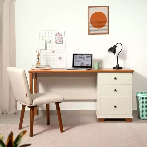 Escrivaninha 150cm 3 Gavetas Tampo Pés em Madeira Maciça Pinus Ananda CabeCasa Off-White/Mel