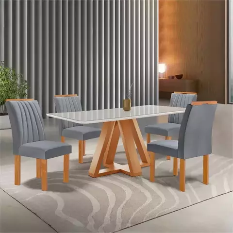 Conjunto Mesa Tampo Smart Plus Vidro Kyra 120cmx90cm 4 Cadeiras Arizona Cinamomo/Off White/Suede Cinza
