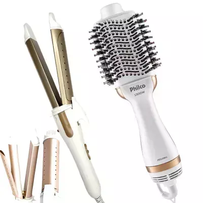 Escova Secadora Alisadora Philco 4 Em 1 1300w Ar Quente Frio Branca Dourada Solf Modelador Cacheador Bivolt