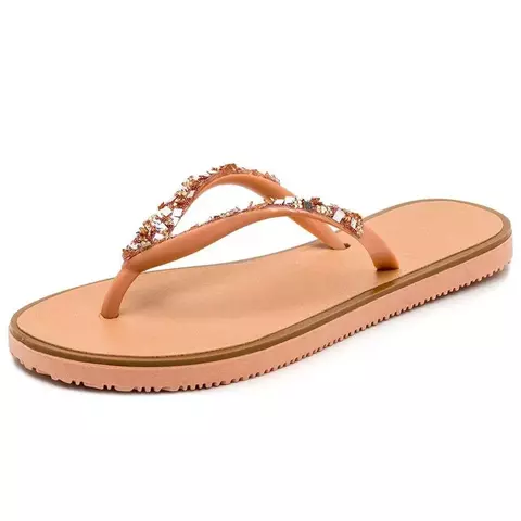 Chinelo Casual de Dedo Feminino com Detalhe em Pedras e Sola Borracha - Nude - 33 ao 40