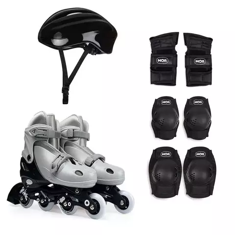 Patins Roller Infantil Rosa com Kit Segurança Capacete Joelheira e Protetor de Pulso Mor M Preto+Cinza