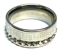 ANILLO DE ACERO SIN FIN DE CUBICS TRANSPARENTES Y GUARDA GRIEGA LABRADA Nº30