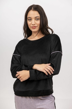 PIJAMA LARGO DAMA BUZO PLUSH CON DETALLE BRILLOS Y PANTALON VISCOSA CON VIVOS (DO01499) - tienda online