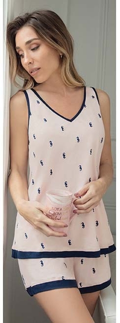 PIJAMA CORTO DAMA DE ALGODON ESTAMPADO CABALLITO DE MAR (LE22721) - comprar online