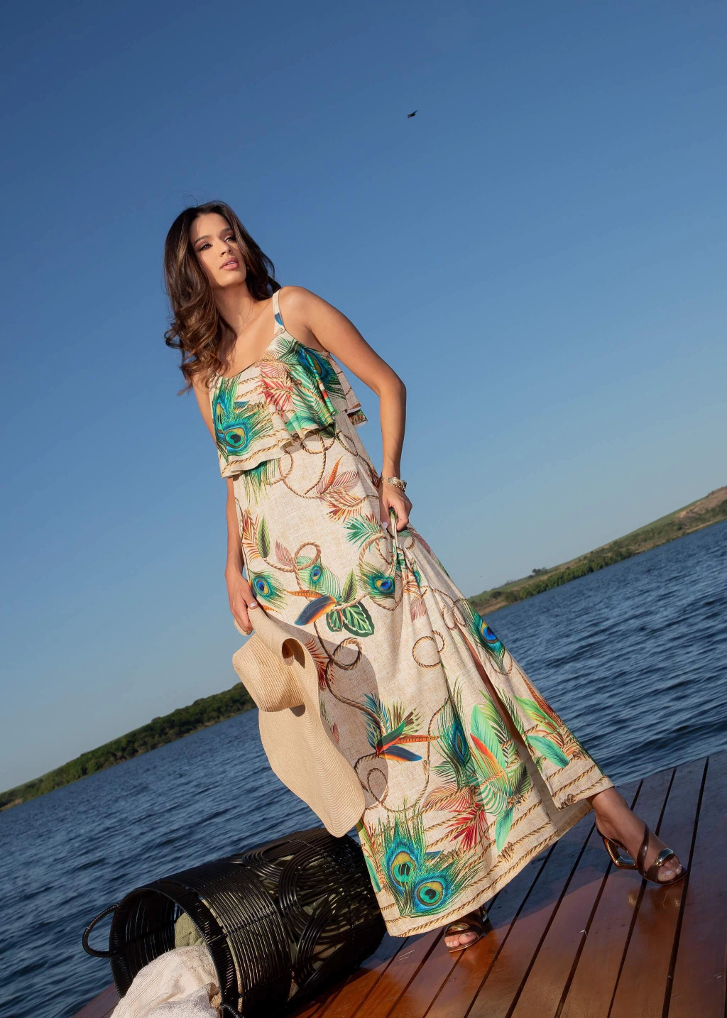 Vestido Babado Longo Pavão
