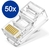 Conector RJ45 Cat5e transparente com 50 unidades, ideal para crimpagem de cabos de rede.