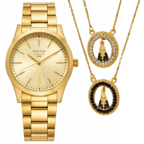 Kit Relógio Feminino Seculus Dourado + Escapulário Nossa Senhora