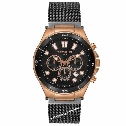 Relógio Seculus Masculino Cronógrafo Mesh Bicolor Ref. 44305GPSVUA3 – Aço Inoxidável | Mostrador Preto | 45 mm