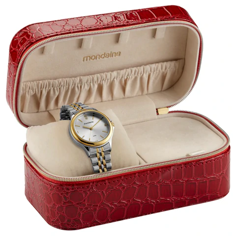RELÓGIO FEMININO MONDAINE CRISTAIS BICOLOR 99759LPMVBE COM PORTA-JOIA