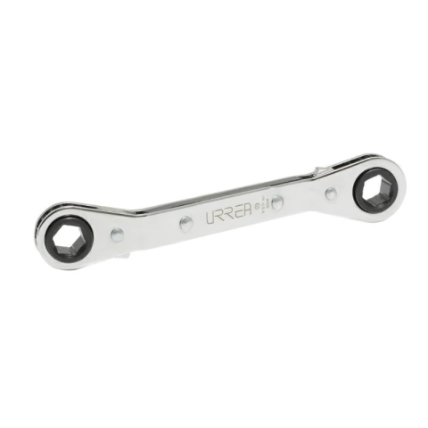 Llave de estrías pulido espejo acodada de matraca métrica, 12 puntas, 15 x 17 mm