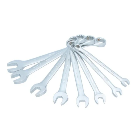 Juego de llaves combinadas satinadas métricas, 12 puntas, 8 piezas en rack