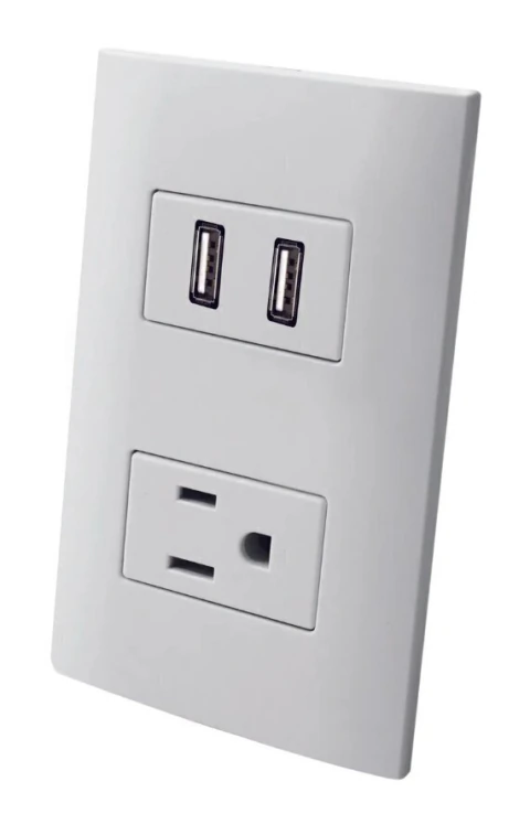 Contacto aterrizado con dos puertos USB con placa plastica - Blanco - Linea ALTIMUS