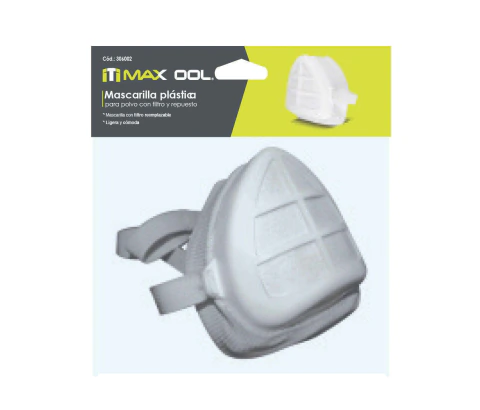 Mascarilla plastica con filtro y repuesto, bolsa con caballete