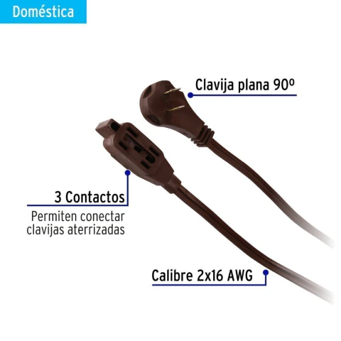 Extensión eléctrica doméstica 6 m clavija plana, café