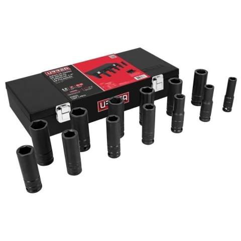 Juego de dados largos de impacto cuadro de 1/2", 6 puntas, métricos, 13 piezas