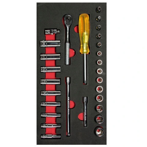 Juego de dados cortos, largos y accesorios cuadro de 1/4" métricos 28 piezas CH103-C