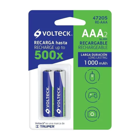 Pilas recargables, larga duración, AAA, 1, 000 mAh, 2 piezas