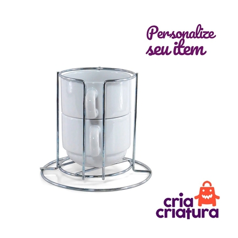 KIT COM 2 XÍCARAS EM PORCELANA BRANCA E SUPORTE EM METAL