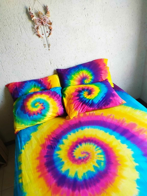 Conjunto Lençol Cama Casal + Fronhas Tiedye Arco Iris