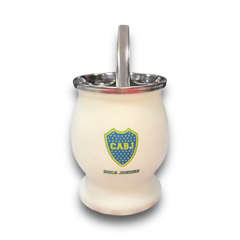 MATE BOCA BLANCO ACERO COPITA CON BOMBILLA (ESCUDO COLOR)