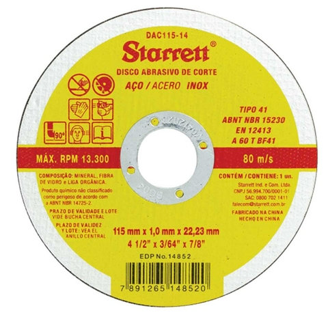 DISCO ABRASIVO DE CORTE 115X1,0X22,2MM (4.1/2“X3/64“X7/8“) STARRET