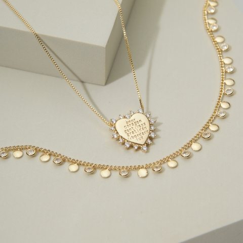 COLAR CORAÇÃO AMOR CORAGEM GENTILEZA 45CM BANHADO A OURO