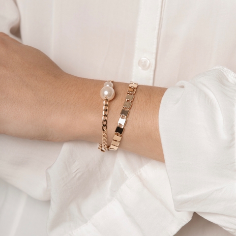 PULSEIRA GRUMET CHATO 2 PEROLAS BANHADA A OURO