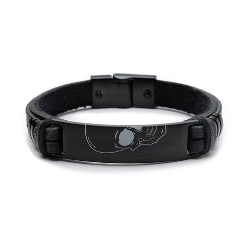 PULSEIRA PLACA SKULL BLACK EM COURO