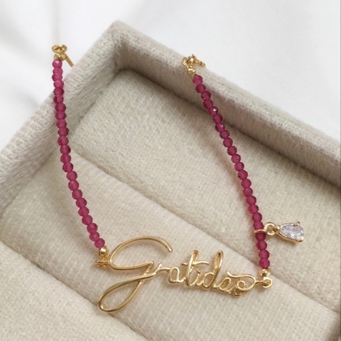 PULSEIRA AJUSTÁVEL CRISTAIS PINK GRATIDÃO BANHADA