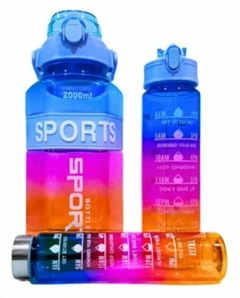 Set de botellas deportivas de diferentes tamaños en colores vibrantes, ideal para hidratación.