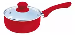 Cacerola cerámica roja con tapa y mango de silicona.