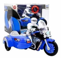 Juguete de policía con moto y sidecar, diseñado para niños mayores de 3 años.