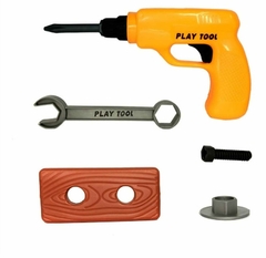 Set de herramientas de juguete que incluye un destornillador, una llave inglesa, un bloque de madera y otros accesorios.
