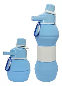 Botellas plegables de silicona en color azul, una más pequeña y otra más grande, con tapa y mosquetón.