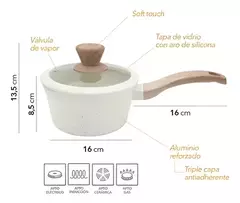 Cacerola Carol de inducción con tapa de vidrio y mango de madera, medidas: 16 cm de diámetro y 13.5 cm de altura.