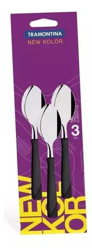 Paquete de tres cucharitas de plástico con mango negro de la línea New Kolor de Tramontina.