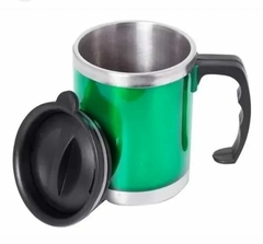 Vaso térmico de acero inoxidable color verde con tapa negra, ideal para mantener bebidas calientes o frías.