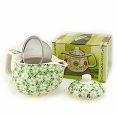 Tetera de cerámica china con diseño de flores, incluye colador y tapa.