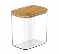 Frasco rectangular mediano con tapa de bambú, dimensiones 12x8x14 cm.