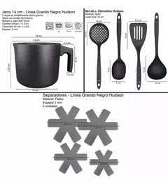 Juego de cacerolas Hudson de granito negro, compuesto por 11 piezas que incluyen jarro, utensilios y separadores.