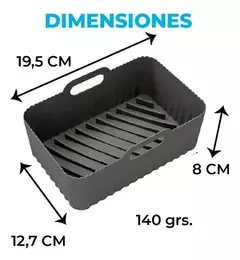 Molde rectangular de silicona para airfryer con asas, color negro, con dimensiones y peso indicados