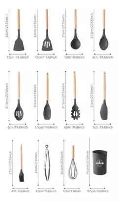 Conjunto de utensilios de cocina de silicona negra, 12 piezas, con mango de madera. Incluye espátulas, cucharas y un recipiente.