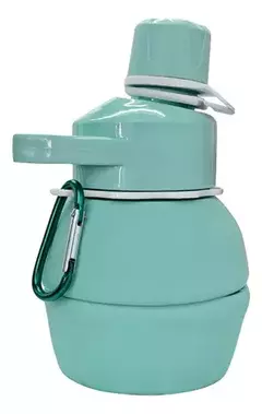 Botella plegable de silicona en color verde agua, con tapa y mosquetón.