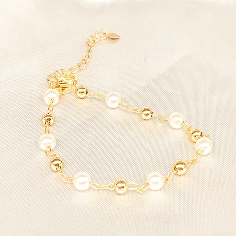 Pulseira de perola e bola pequena Banhado a Ouro 18k