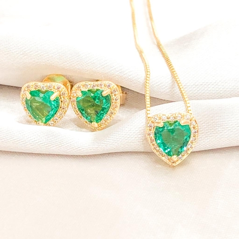 Conjunto de zircônia verde escura Banhado em Ouro 18k