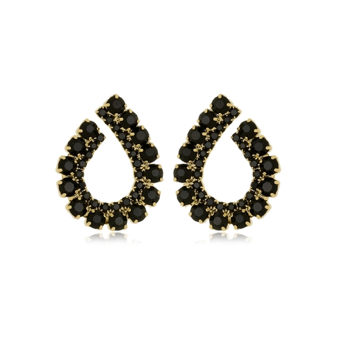 Brinco Cravejado de Strass Preto Banhado em Ouro 18k